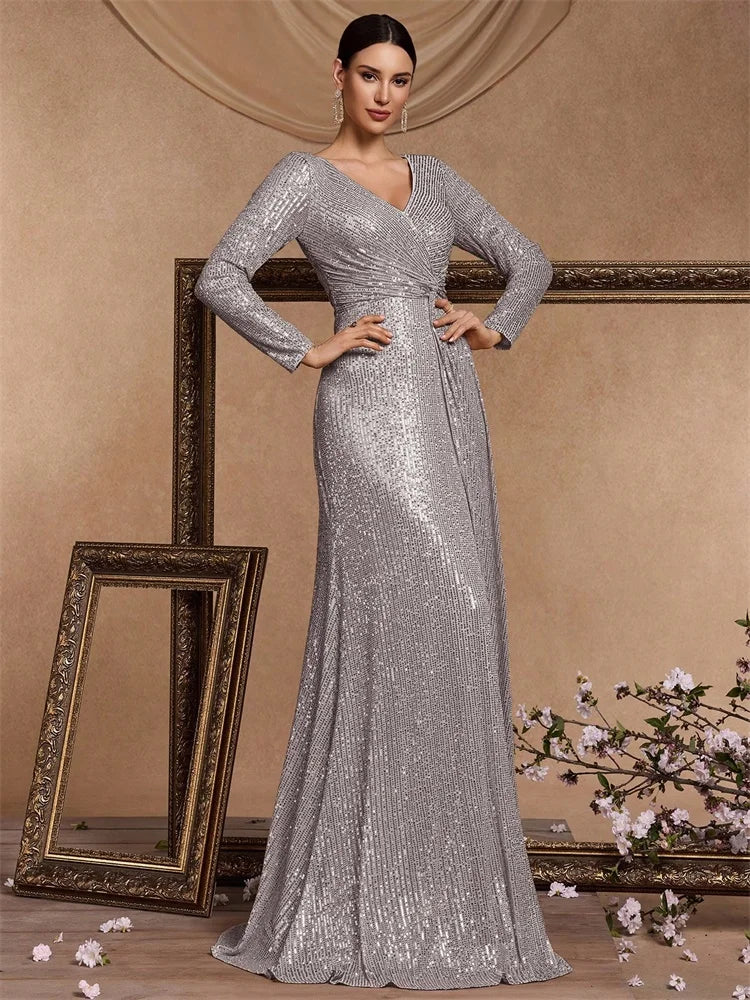 Luxury Grey Floor Length V-Neck Evening Dress Women Elegant Party Maxi Dress Sequin Long Sleeves Prom Cocktail Dress Gowns