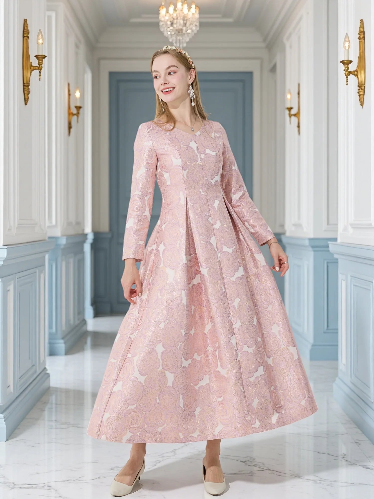 Elegant Women Long Maxi Jacquard Dress Party Fashion Floral Clothing  New Arrival Evening Vintage Ladies Ball Gown Vestido