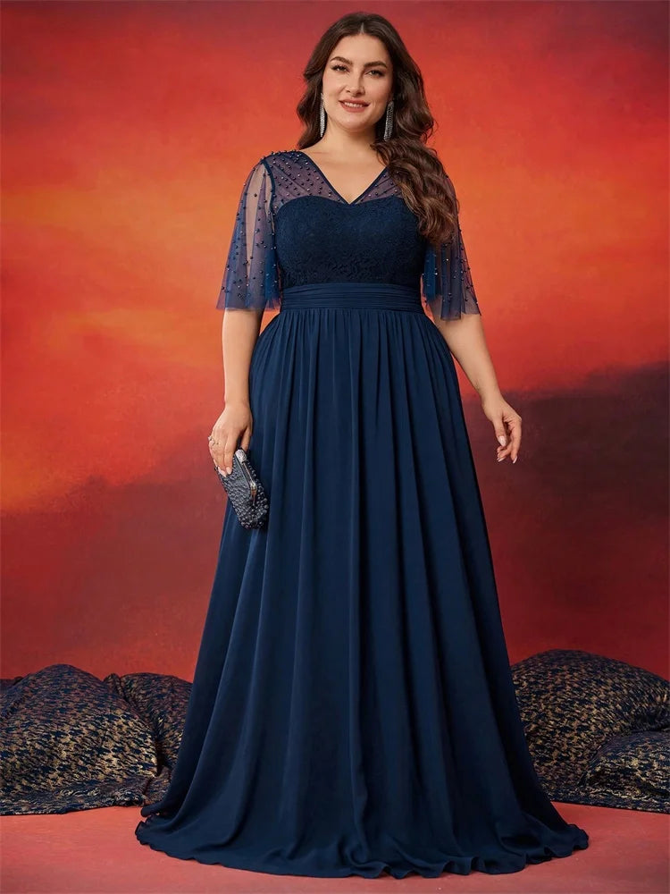 Plus Size Luxury V-Neck Chiffon Blue Evening Dress Women Elegant V-back Wedding Party Long Prom Cocktail Dress