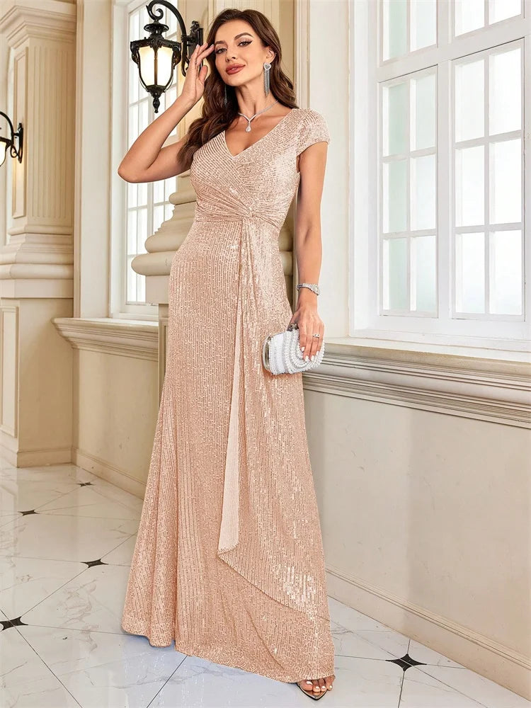 New Luxury Blue V-Neck Sequin Evening Dresses Elegant 2025 Women Party Maxi Dress Gowns Long Cocktail Dresses Gowns Prom