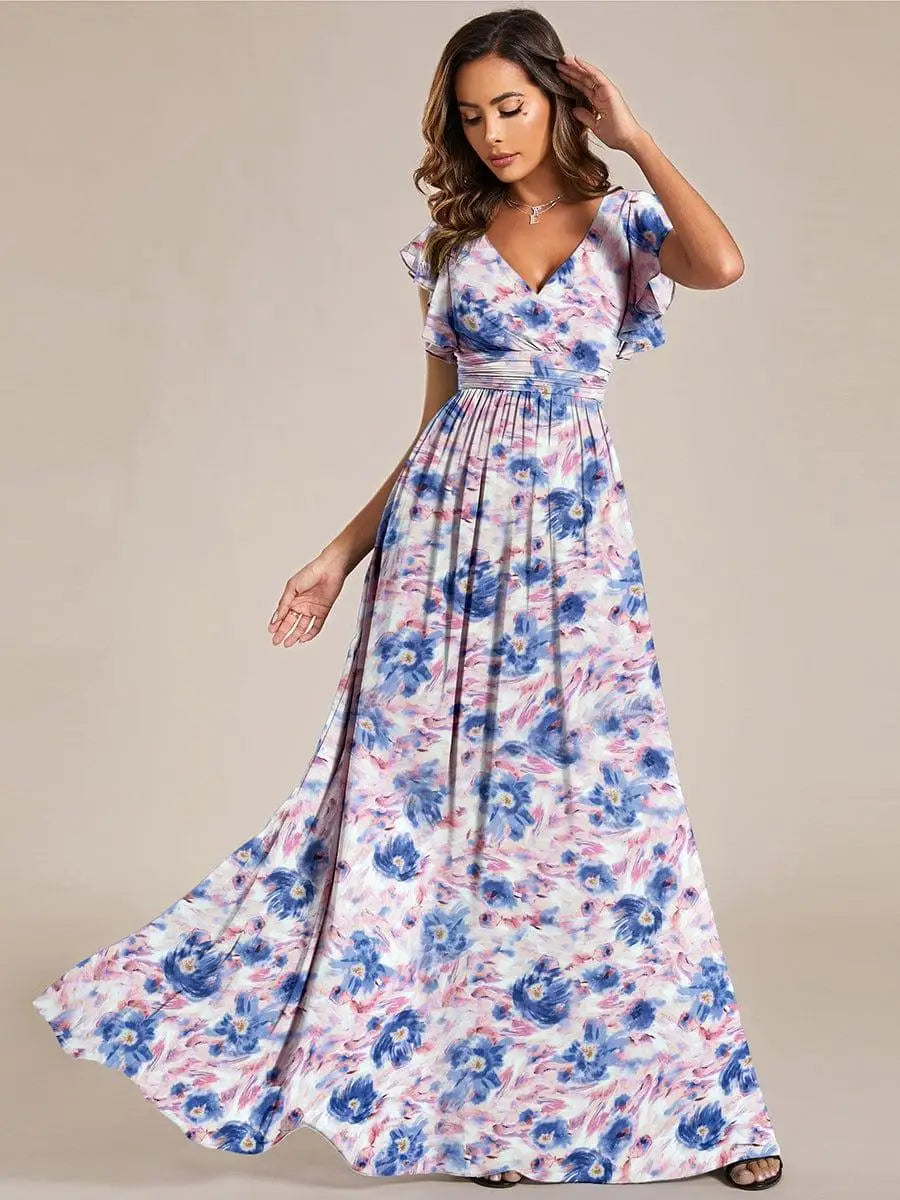 BAZIIINGAAA Party Dress Floral V-Neck Open Back Ruffled Sleeves Chiffon Bridesmaid Dress Evening dress