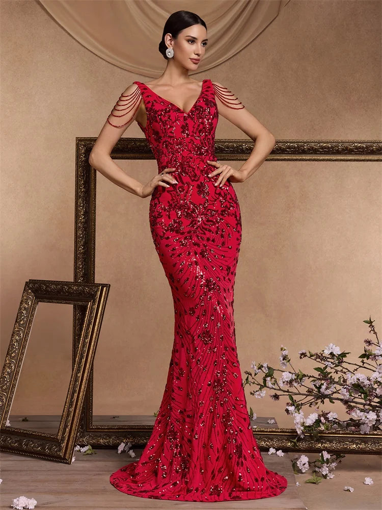 Elegant Deep V-Neck Red Sequin Formal Evening Dresses Women 2024 Beading Wedding Party Mermaid Cocktail Prom Gown