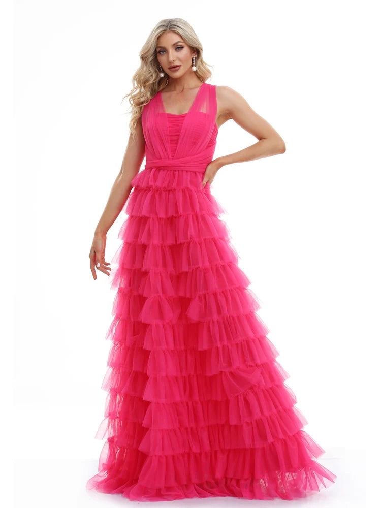 Luxury Sleeveless V-Neck tulle Formal Evening Dresses 2025 Elegant Wedding Party Tulle Women Bridesmaid Cocktail Gowns Prom