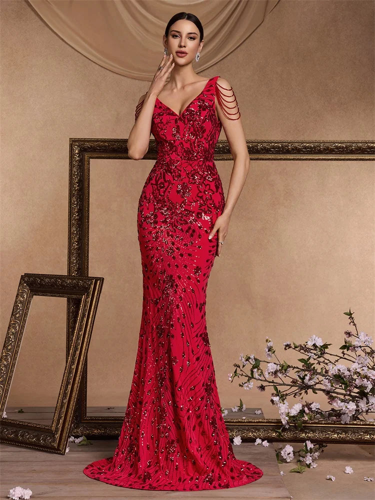 Elegant Deep V-Neck Red Sequin Formal Evening Dresses Women 2024 Beading Wedding Party Mermaid Cocktail Prom Gown