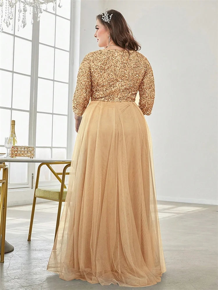 Plus Size Elegant V-neck Sequins Splicing Evening Dresses Luxury Women Wedding Party Prom Long Sleeve Cocktail Gowns