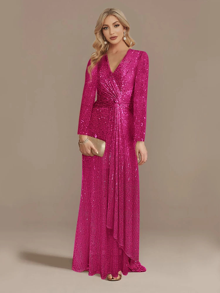 Luxury Floor Length V-Neck Evening Dress 2025 Women Elegant Party Maxi Dress Sequin Long Sleeves Prom Cocktail Dress