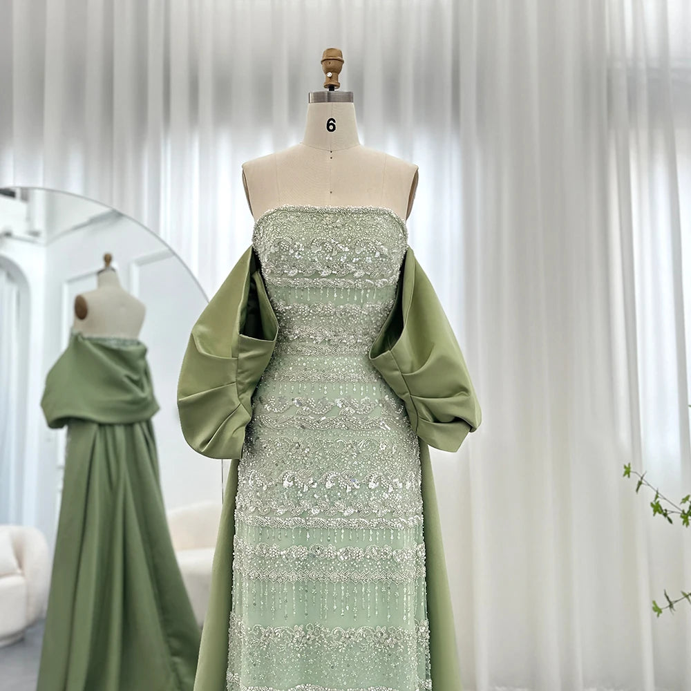 Sharon Said Luxury Dubai Sage Green Evening Dresses with Cape Blue Sky Lilac Elegant Women Wedding Party Gowns SS238 Customized