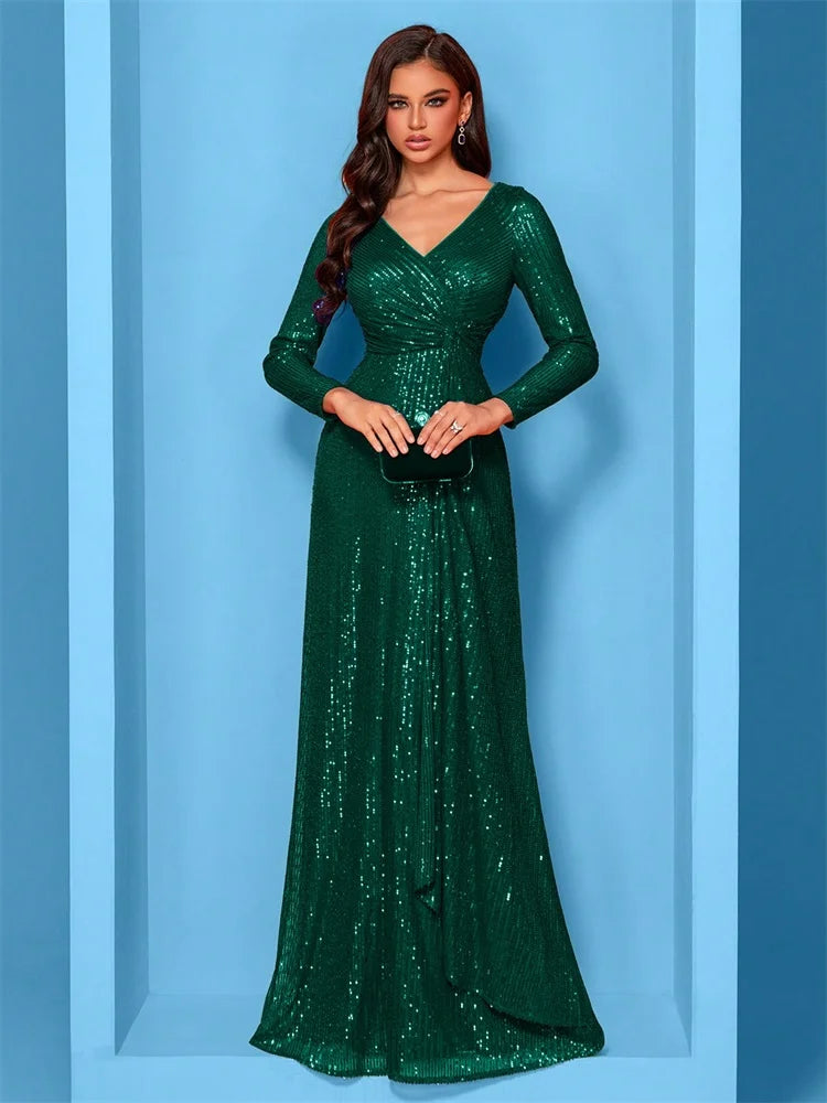 Luxury Floor Length V-Neck Evening Dress Women Elegant Party Maxi Dress Sequin Long Sleeves Prom Cocktail Dress Gowns