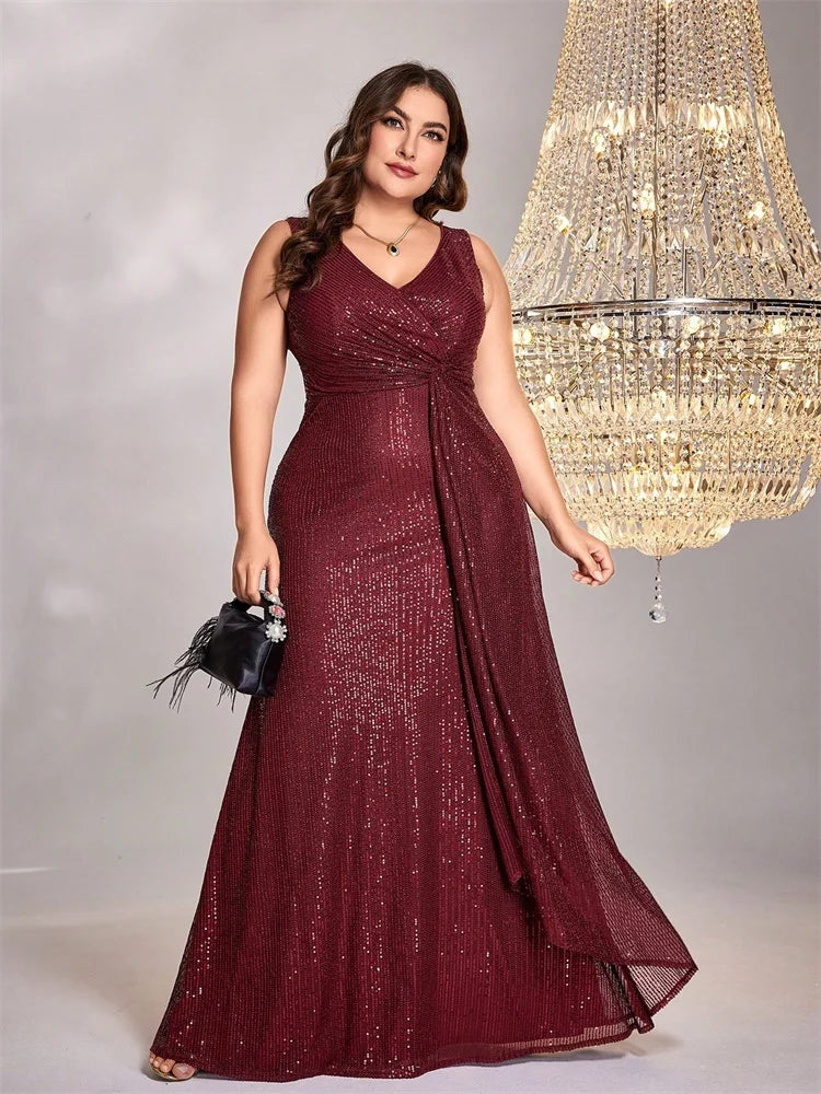 Plus Size Luxury Red V-Neck Sequins Graduation Evening Dresses Women Elegant Mermaid Wedding Party Floor-length Cocktail Gowns