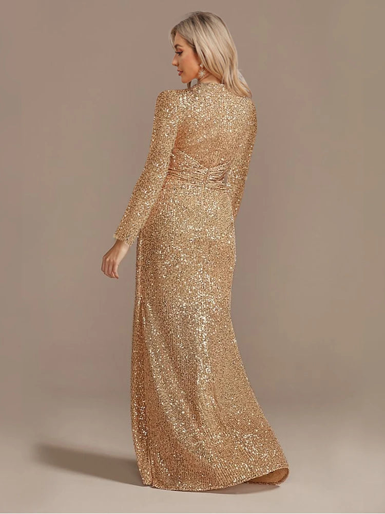 Luxury Floor Length V-Neck Evening Dress 2025 Women Elegant Party Maxi Dress Sequin Long Sleeves Prom Cocktail Dress