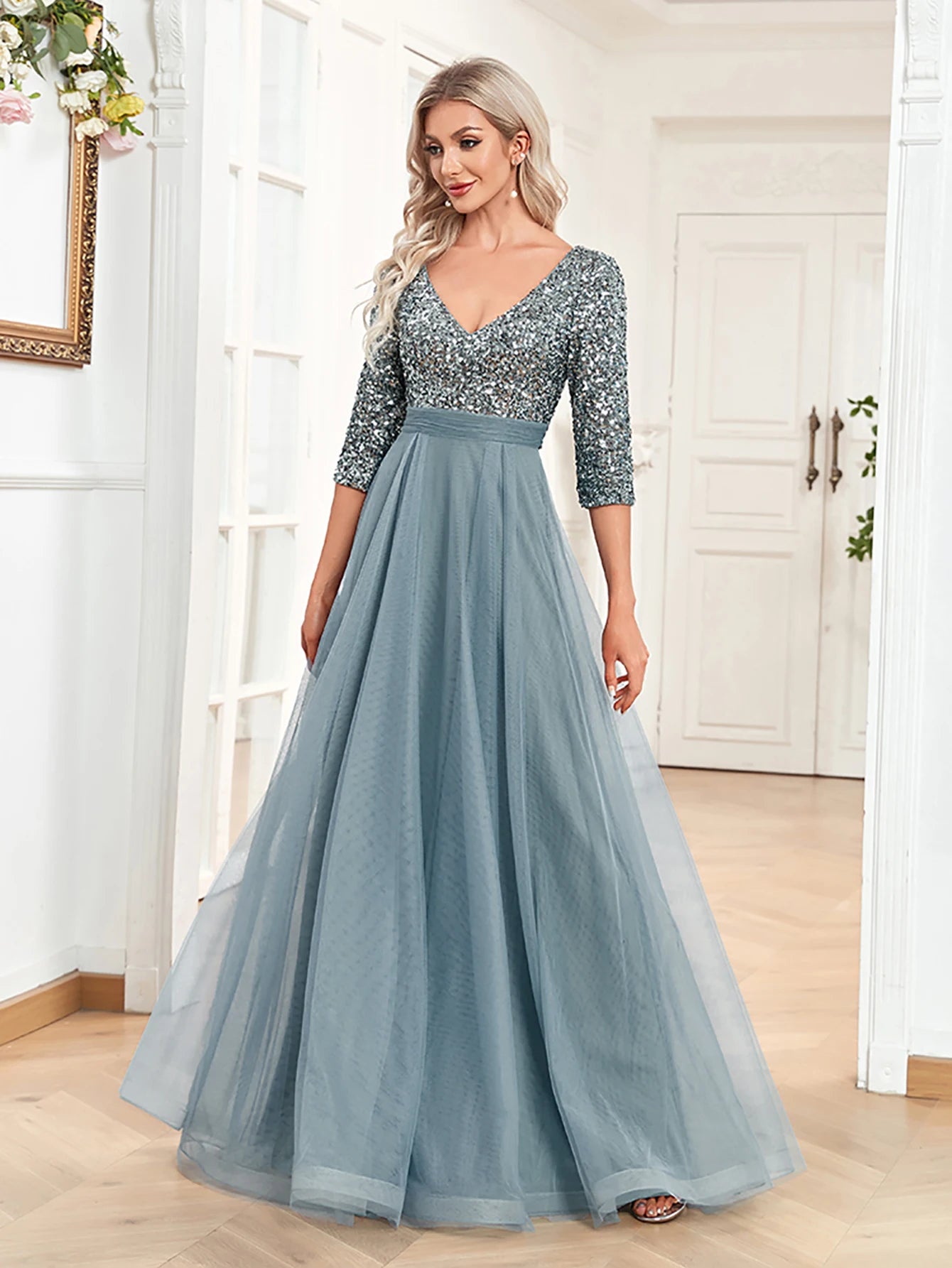 Luxury Floor Length V-Neck Tulle Splicing Evening Dress Women Elegant Party Maxi Sequins Short Sleeves Cocktail GownS