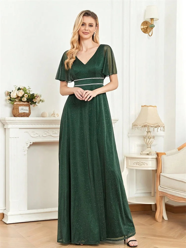 Elegant Short Sleeves Evening Dresses Women V-Neck Green Floor Lenght Shinning Slit Wedding Party Long Prom Graduation Gowns
