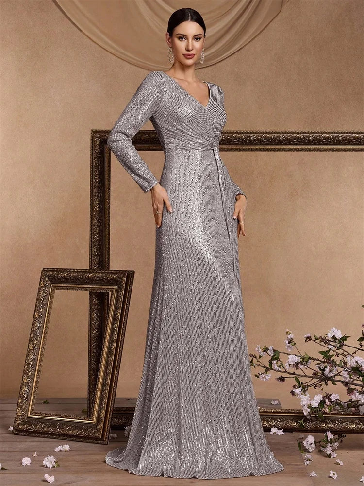 Luxury Grey Floor Length V-Neck Evening Dress Women Elegant Party Maxi Dress Sequin Long Sleeves Prom Cocktail Dress Gowns