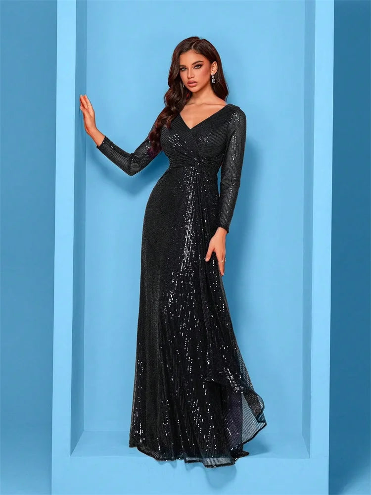 Luxury Long Sleeves V-Neck Sequins Evening Dresses Elegant Wedding Party Women Guests Prom Cocktail Gowns