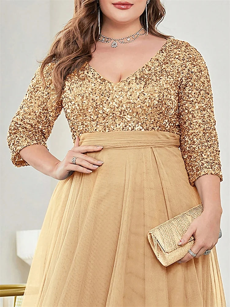 Plus Size Elegant V-neck Sequins Splicing Evening Dresses Luxury Women Wedding Party Prom Long Sleeve Cocktail Gowns