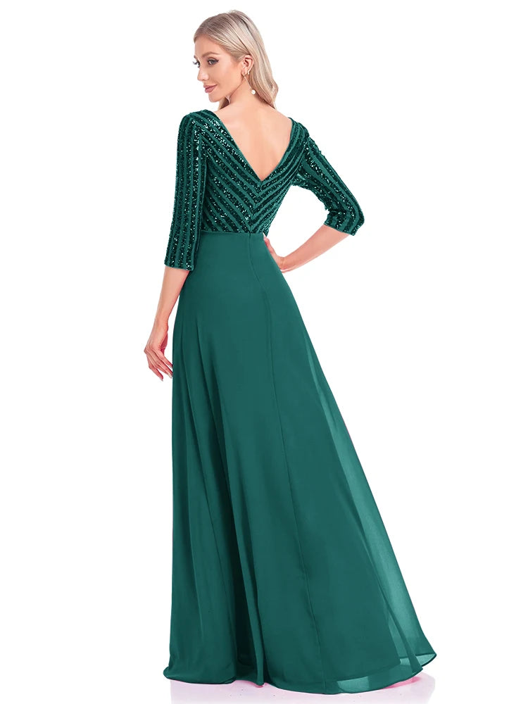 Elegant Sequined Long Sleeve Gown V Neck Pink Evening Dress Wedding Party Graduation Prom Dresses For Women 2025