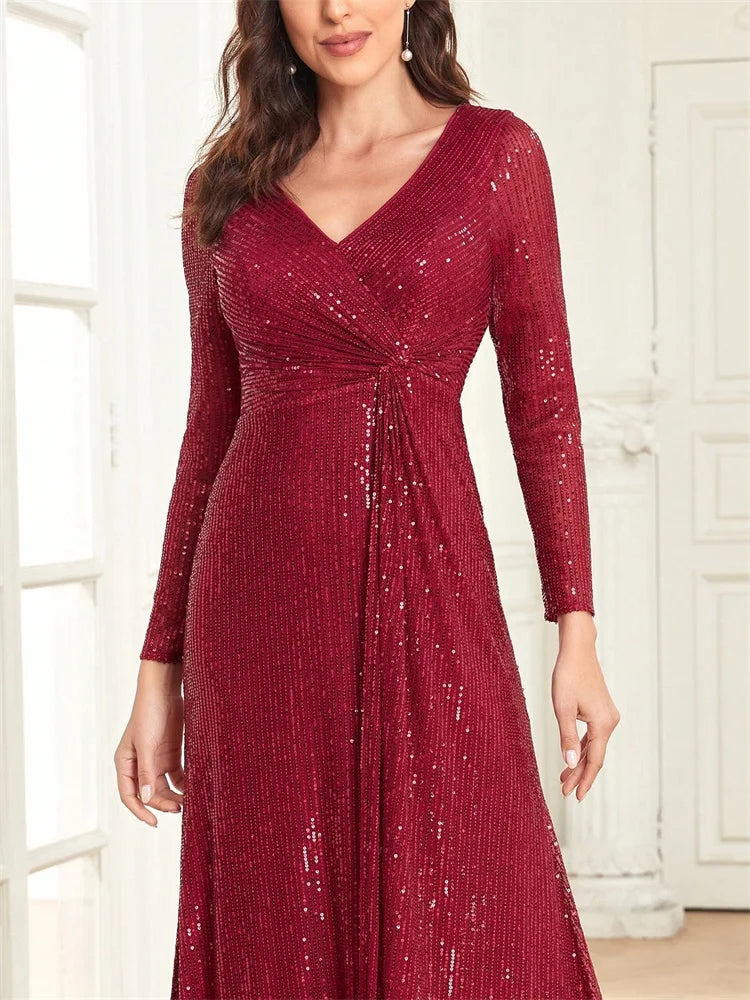 Luxury Long Sleeves V-Neck Sequins Evening Dresses Elegant Wedding Party Women Guests Prom Bridesmaid Cocktail Gowns