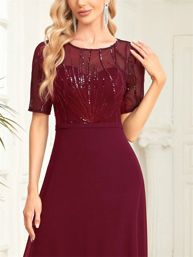 Elegant Short Sleeves Sequins Formal Evening Dresses Women Chiffon Mermaid Bridesmaid Party Maxi Prom Cocktail Gowns