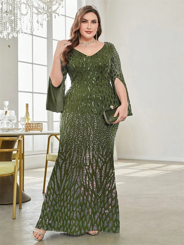Plus Size Elegant Sequin Black Evening Dress 2025 Women Formal Maxi Prom Long Sleeves Party Luxury Cocktail Dress