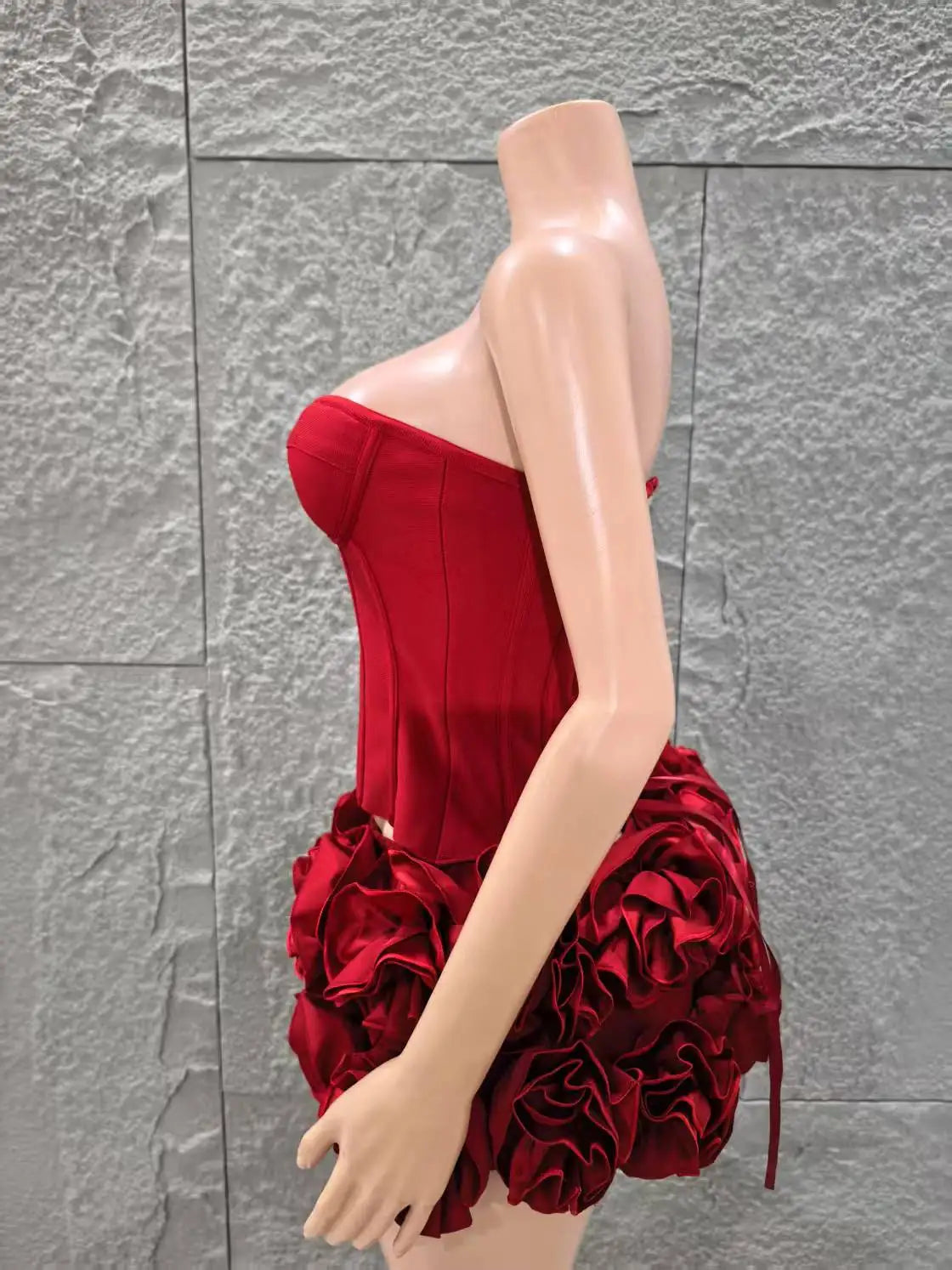 Red Color Women Sexy Strapless Full Florlas Bodycon Mini Bandage Dress 2 Pieces Set Celebrate Nightclub Party Birthday Wear