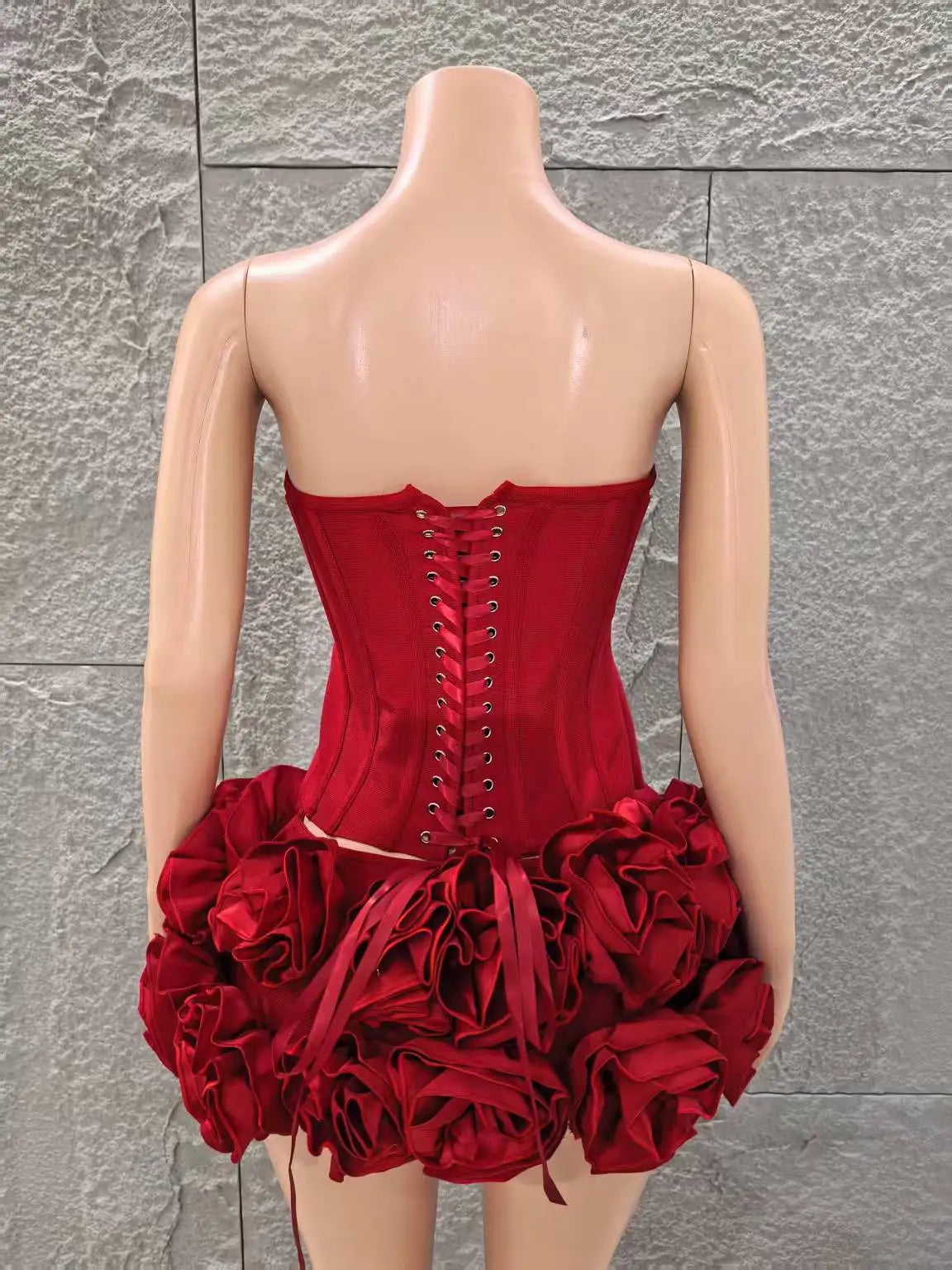 Red Color Women Sexy Strapless Full Florlas Bodycon Mini Bandage Dress 2 Pieces Set Celebrate Nightclub Party Birthday Wear