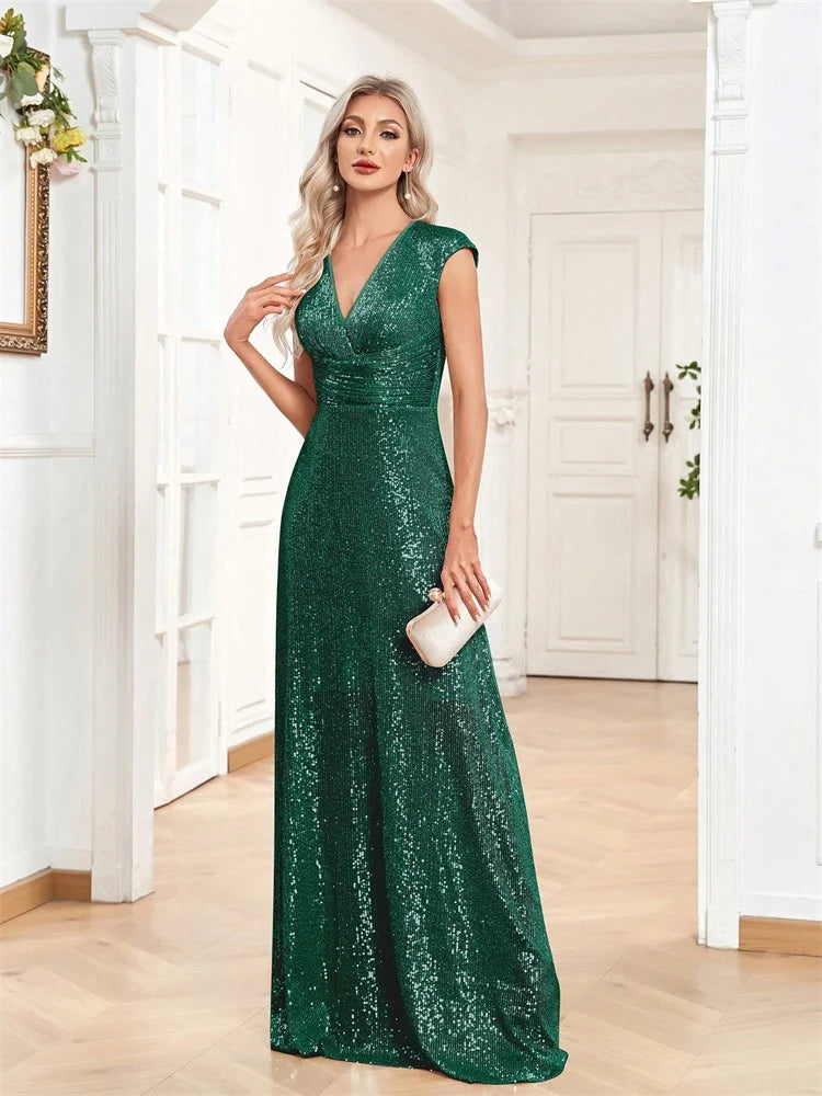 2025 Women Elegant V-neck Mermaid Evening Dress Floor Length Formal Blue Prom Party Gown Sequins Sleeveless Vestidos