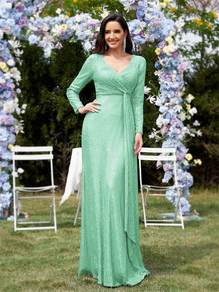 Luxury Floor Length V-Neck Evening Dress Women Elegant Party Maxi Dress Sequin Long Sleeves Prom Cocktail Dress Gowns