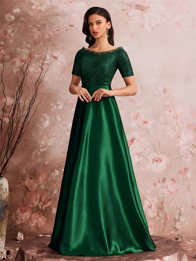 Luxury Green Satin V-Neck Evening Dress Women Satin Wedding Party Prom Floor Lenght Cocktail Dress Off-shoulder Gown