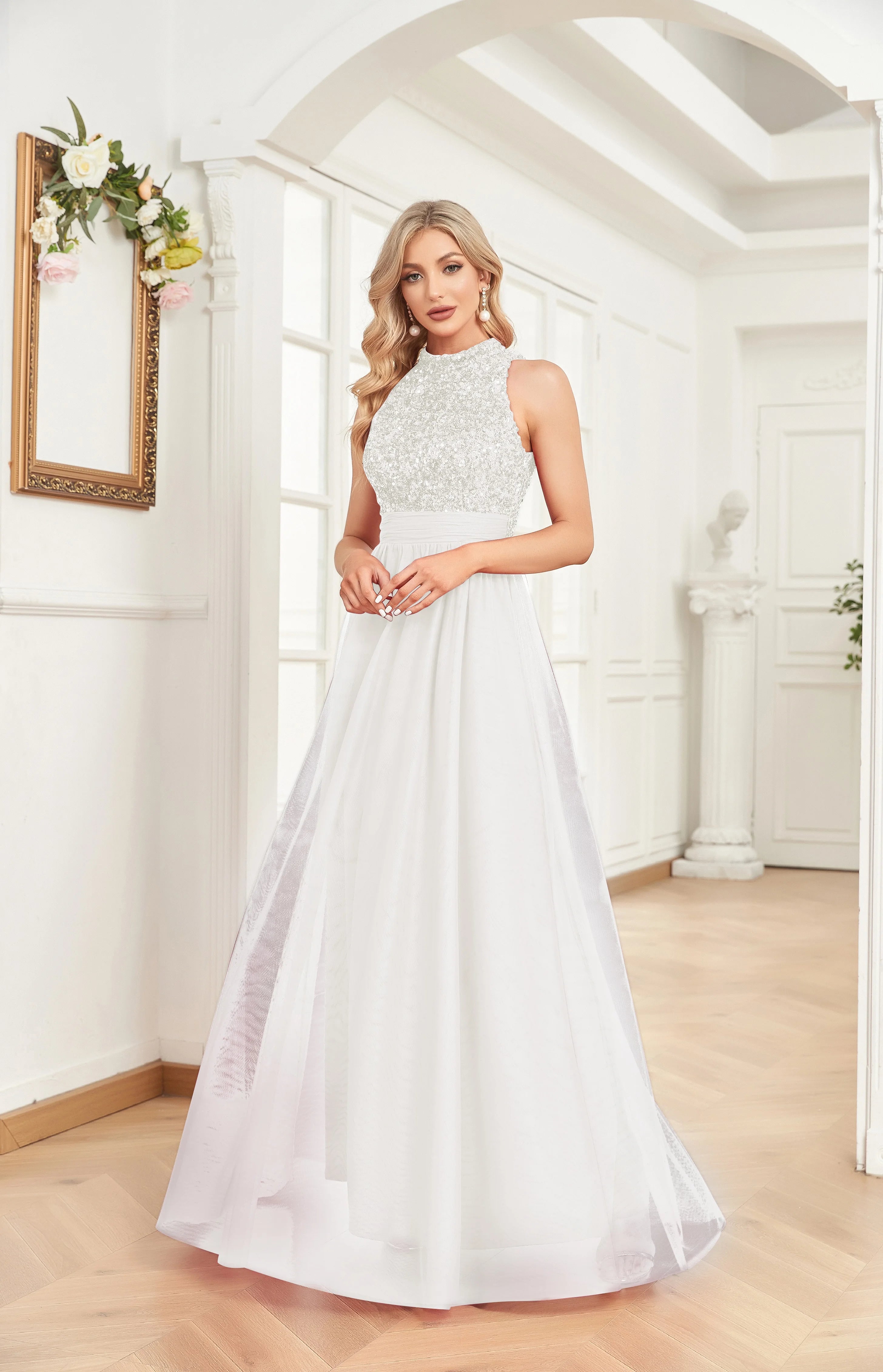 Elegant V-Neck Green Sequins Evening Dresses Long Luxury Women Tulle Sleeveless Wedding Party Cocktail Gowns