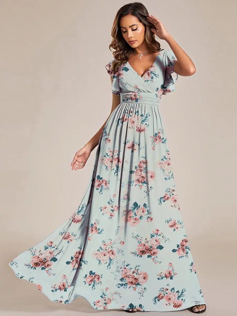 BAZIIINGAAA Party Dress Floral V-Neck Open Back Ruffled Sleeves Chiffon Bridesmaid Dress Evening dress