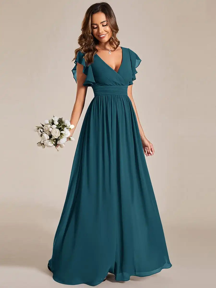 BAZIIINGAAA Party Dress Floral V-Neck Open Back Ruffled Sleeves Chiffon Bridesmaid Dress Evening dress