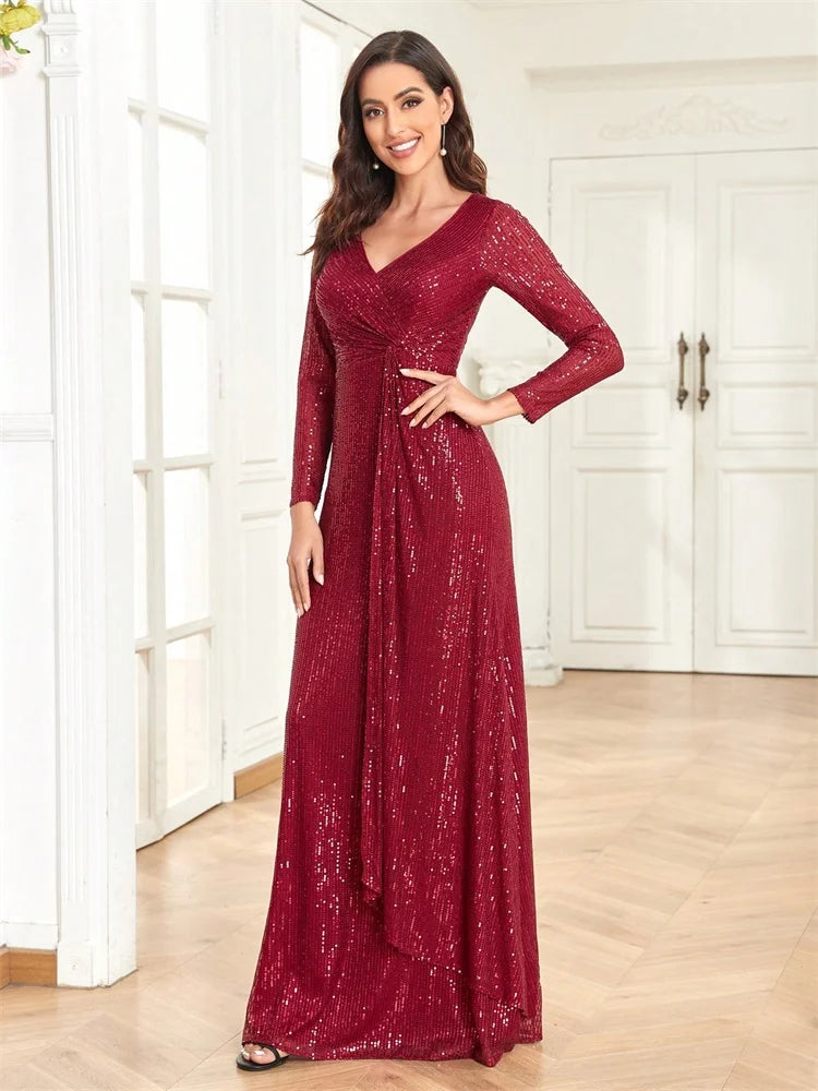 Luxury Long Sleeves V-Neck Sequins Evening Dresses Elegant Wedding Party Women Guests Prom Bridesmaid Cocktail Gowns