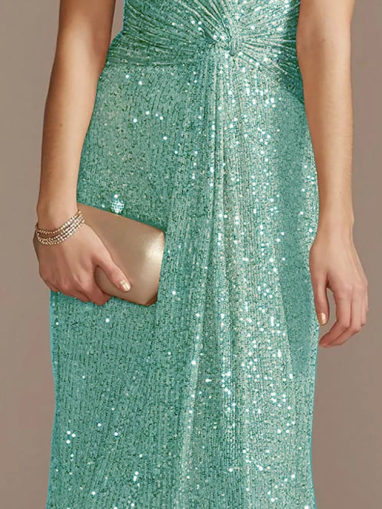 Luxury Floor Length V-Neck Evening Dresses Women Elegant Wedding Party Maxi Dress Sequins Short Sleeves Prom Cocktail Gowns