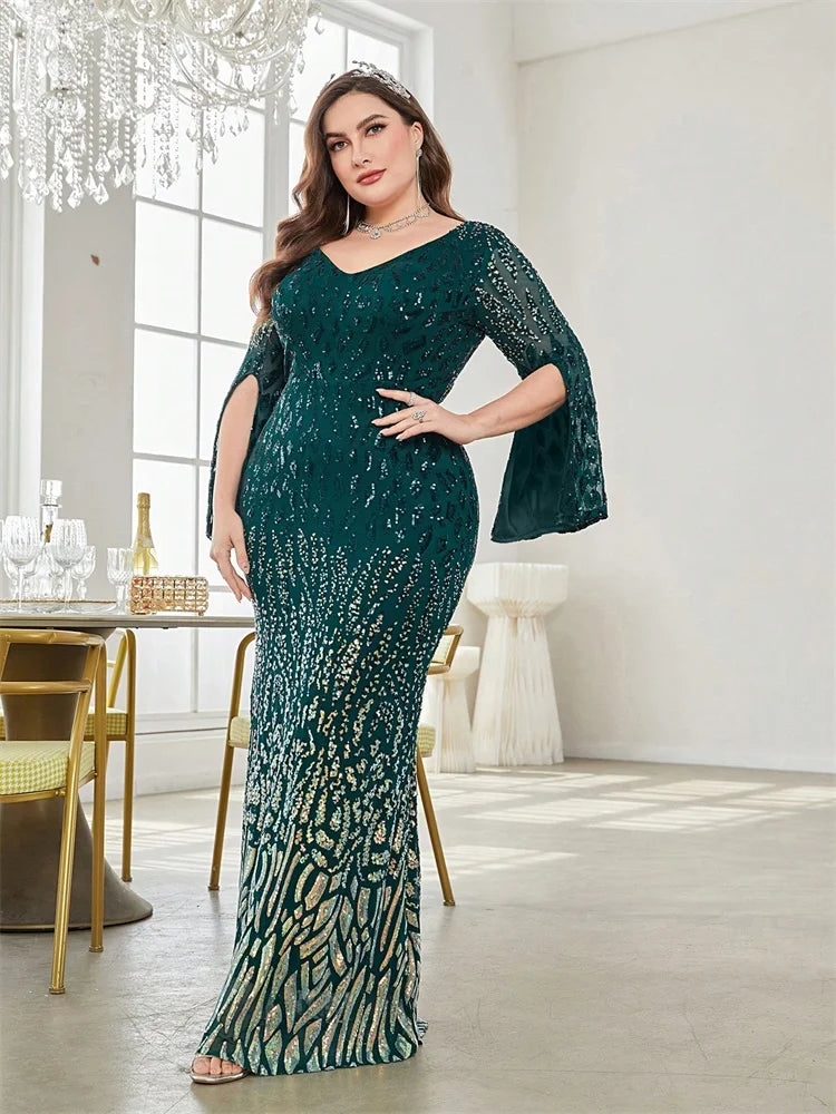 Plus Size Elegant Sequin Black Evening Dress 2025 Women Formal Maxi Prom Long Sleeves Party Luxury Cocktail Dress