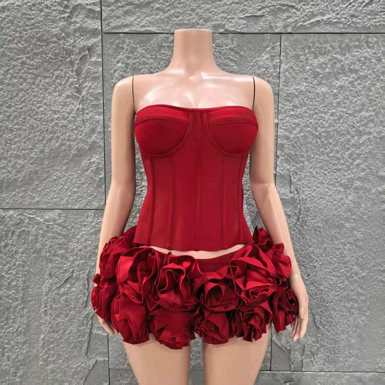 Red Color Women Sexy Strapless Full Florlas Bodycon Mini Bandage Dress 2 Pieces Set Celebrate Nightclub Party Birthday Wear