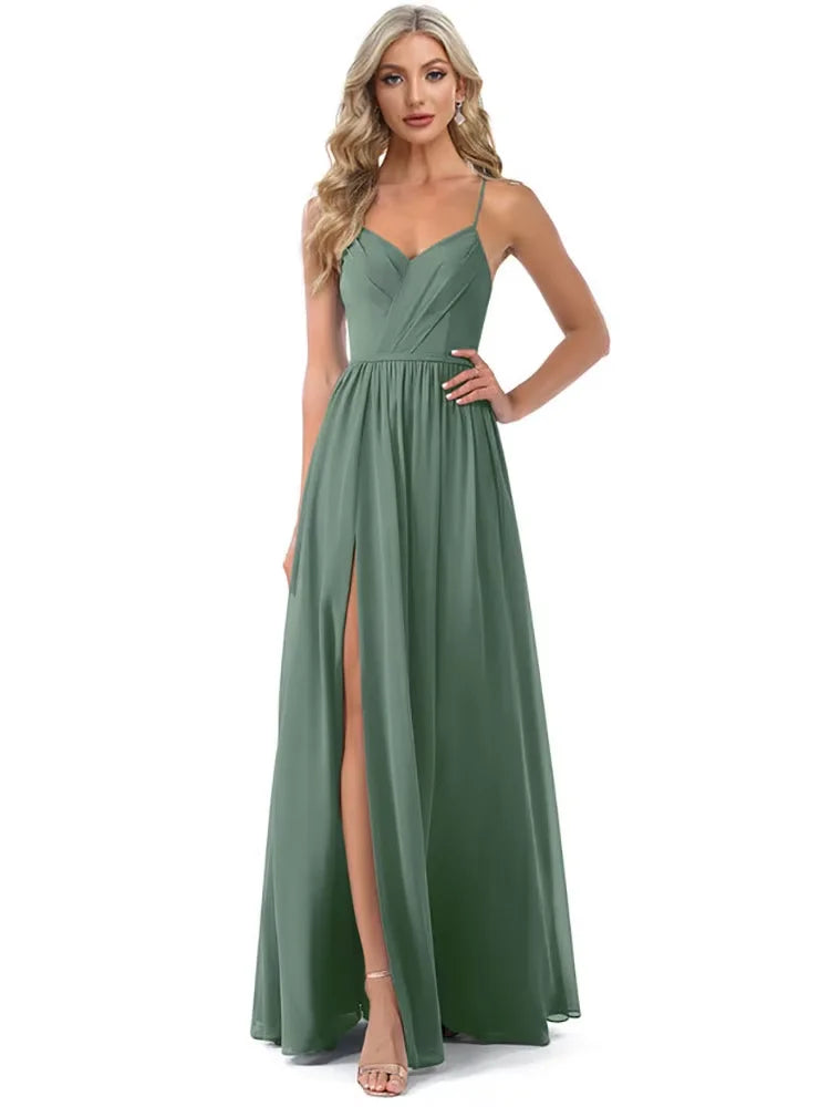 Elegant Sexy Suspenders Green Chiffon Evening Dress Long 2025 Bridesmaid Party Dress Women Formal Wedding Gown Cocktail Prom
