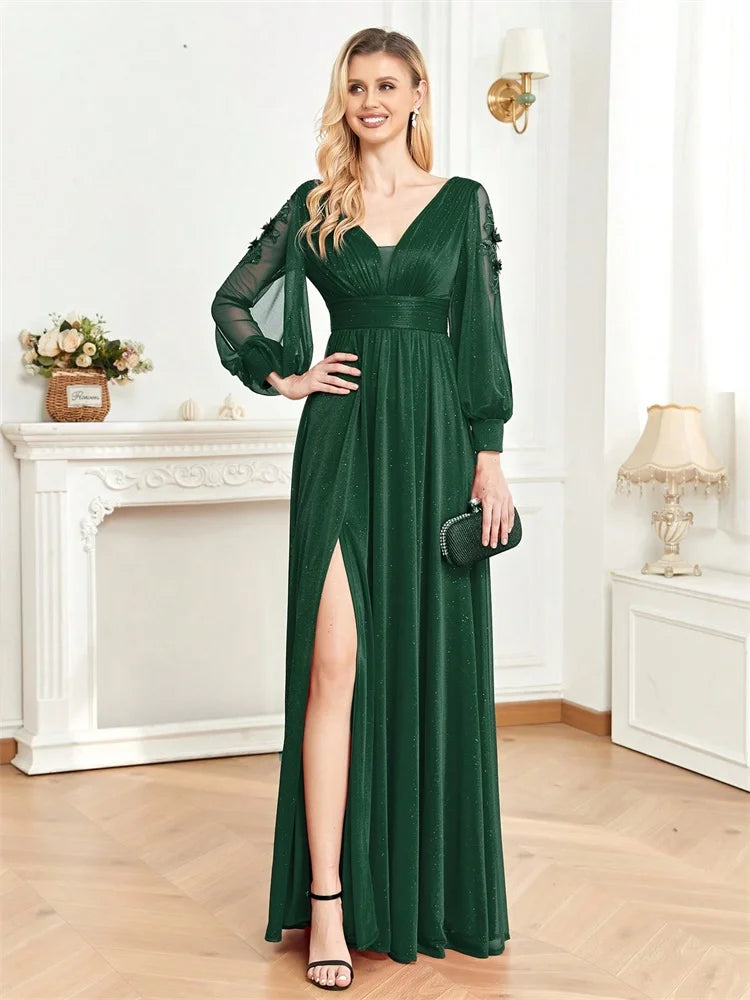 Elegant Long Sleeves Floor Length Split Party Evening Dress Women 2024 Luxury Backless Weedding Dress Cocktail Prom