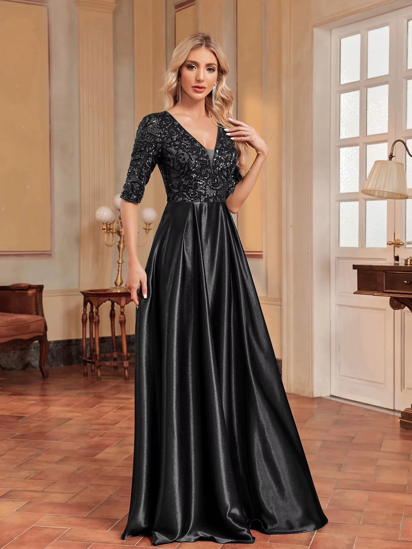Luxury Black Short Sleeve Satin Splicing V-Neck Evening Dresses Women Sequins elegant Party Floor Lenght Cocktail Gowns