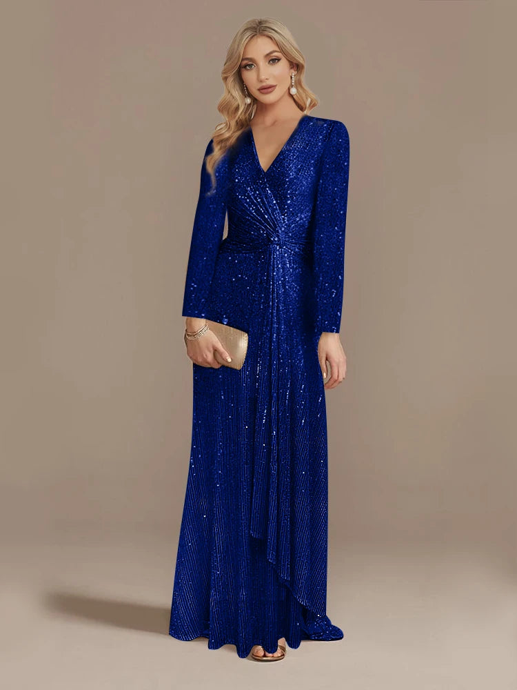 2025 Luxury Floor Length V-Neck Evening Dresses Women Elegant Party Maxi Dress Sequin Long Sleeves Prom Cocktail Gowns
