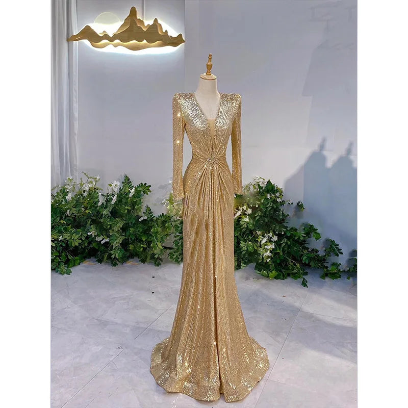 Sparkling sequin luxurious evening gown host, high temperament socialite evening vocal performance dress, long ball party dress