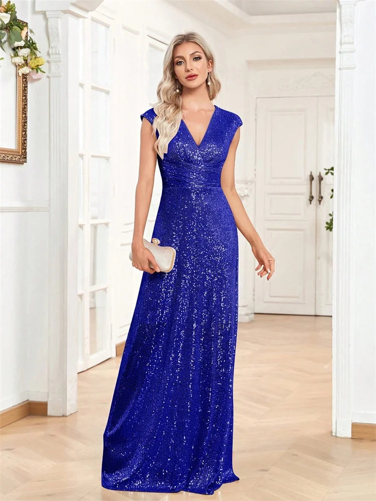 2025 Women Elegant V-neck Mermaid Evening Dress Floor Length Formal Blue Prom Party Gown Sequins Sleeveless Vestidos