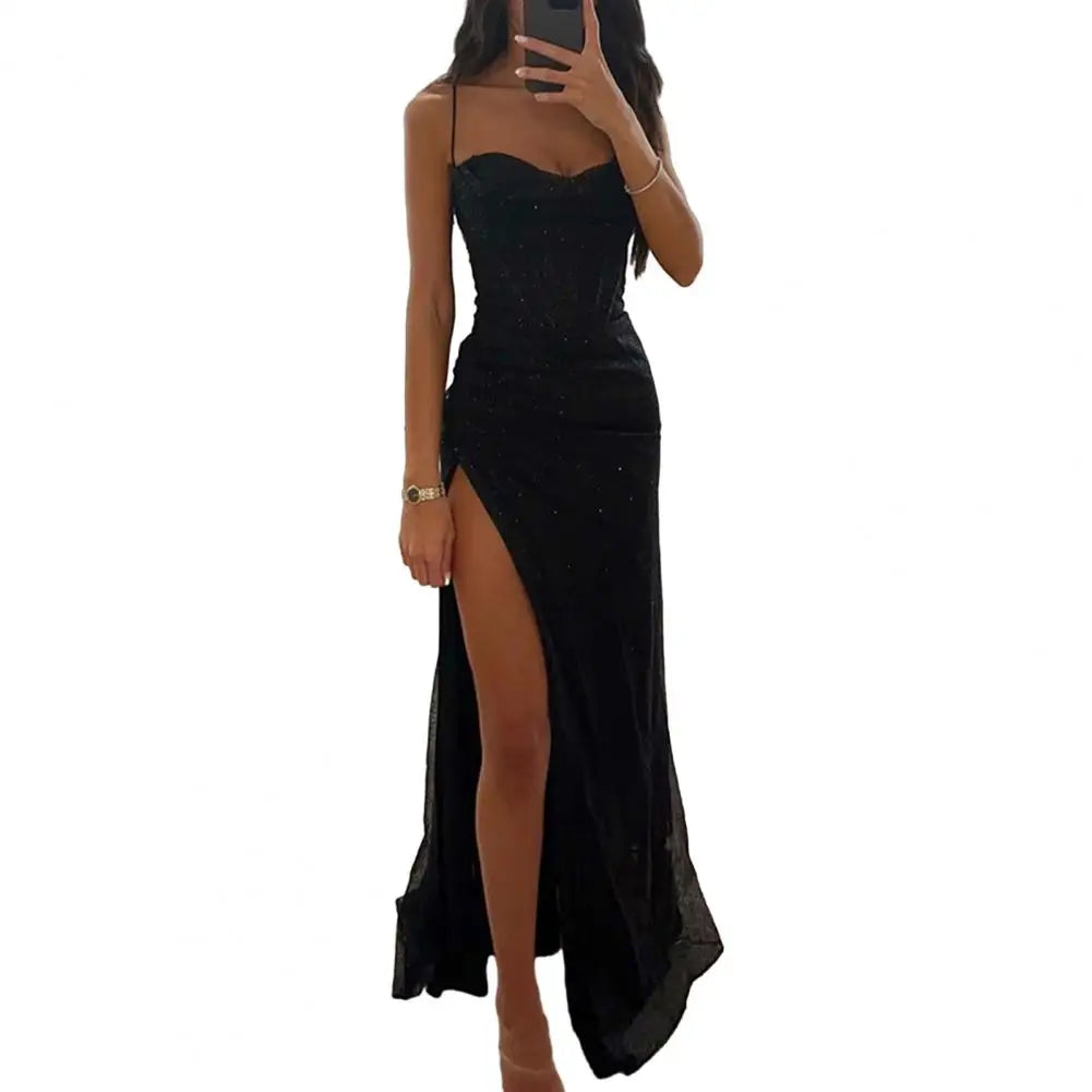 Women Evening Dress Spaghetti Strap Shiny Sequin Off Shoulder Sleeveless Low-cut High Split Loose Floor Length Women Prom Dress