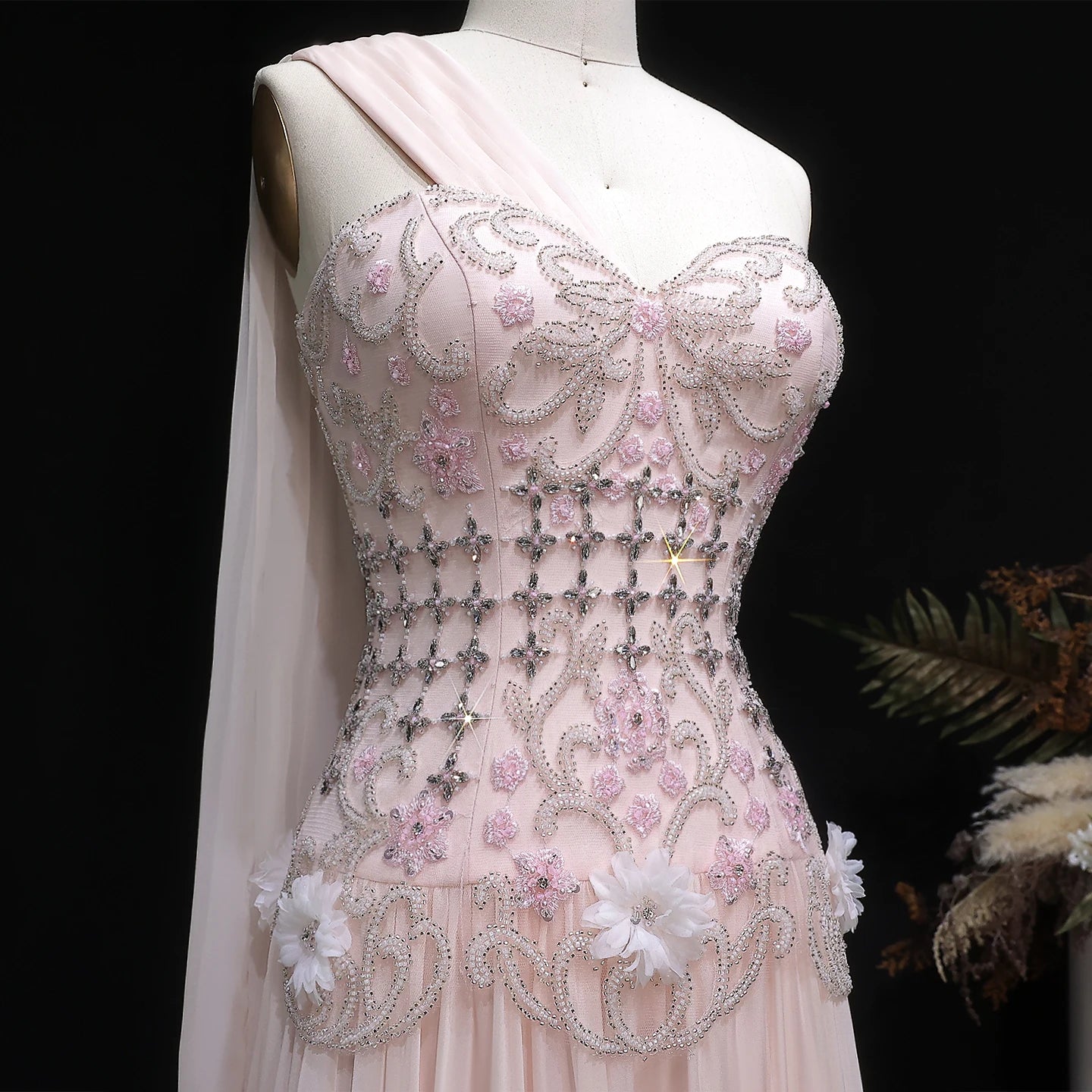 Sharon Said Elegant One Shoulder A Line Evening Dress with Cape 3D Flowers Crystal Beaded Formal Party Gowns SS285 Customized