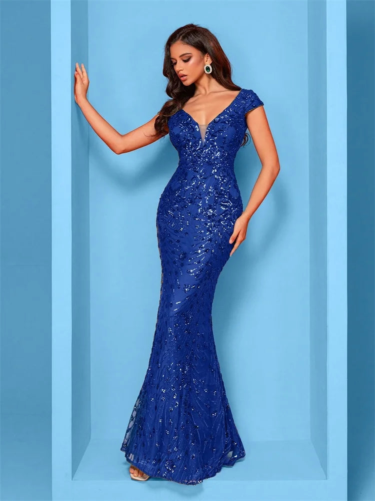 Elegant Champagne Evening Dress For Women Long 2024 Luxury Mermaid Formal Sequins Prom Wedding Party Cocktail Dresses