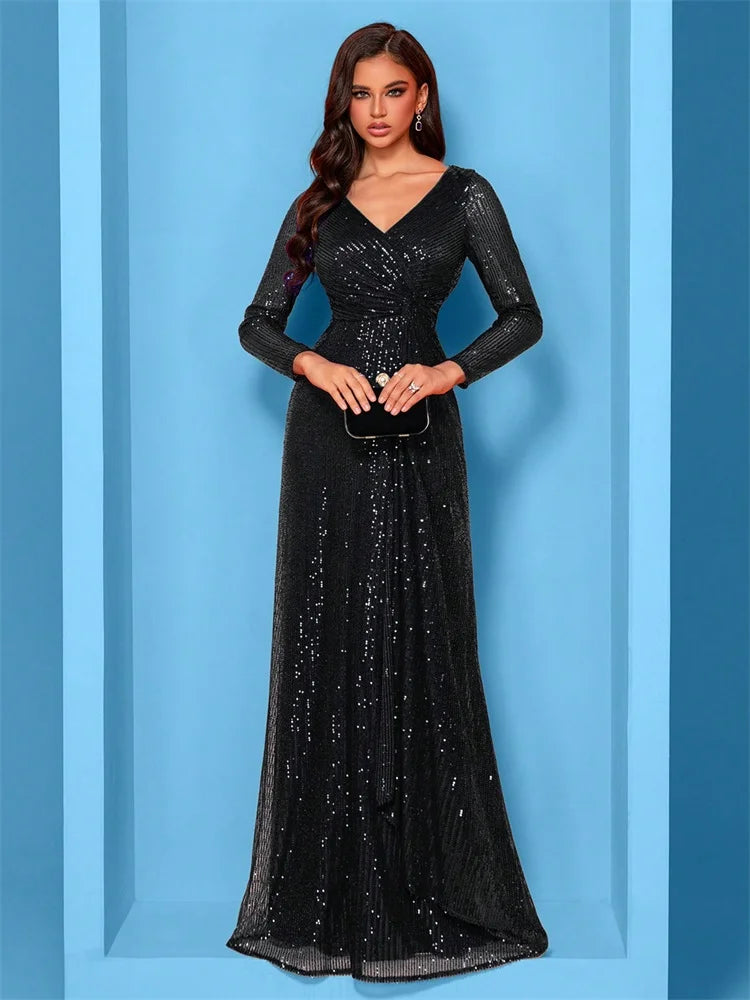 Luxury Long Sleeves V-Neck Sequins Evening Dresses Elegant Wedding Party Women Guests Prom Cocktail Gowns