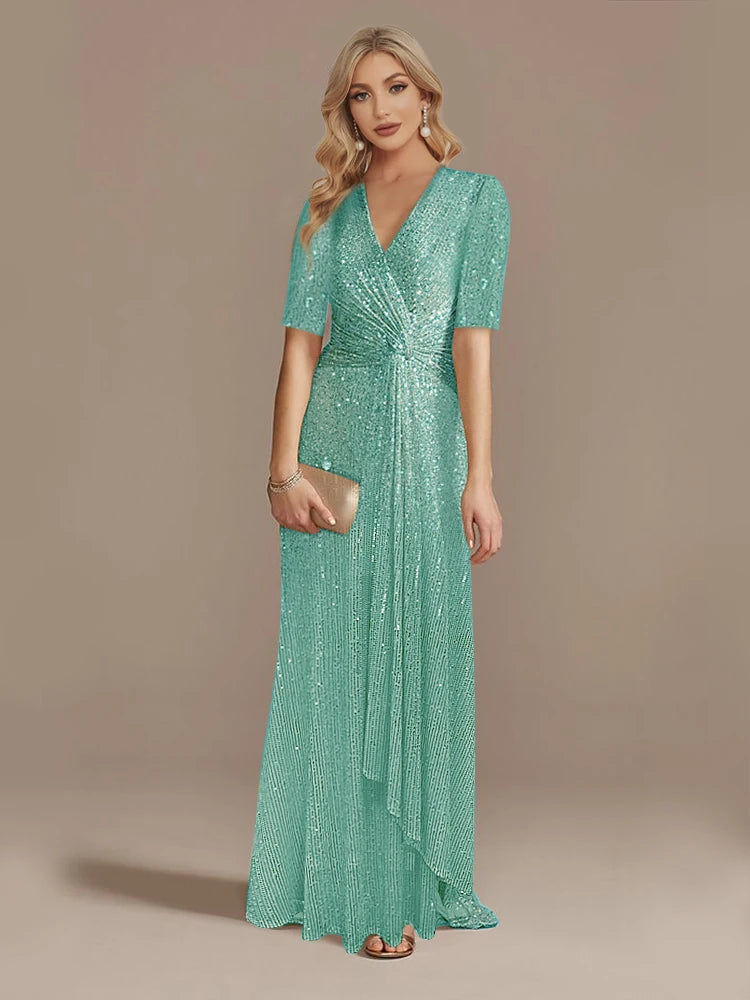 Luxury Floor Length V-Neck Evening Dresses Women Elegant Wedding Party Maxi Dress Sequins Short Sleeves Prom Cocktail Gowns