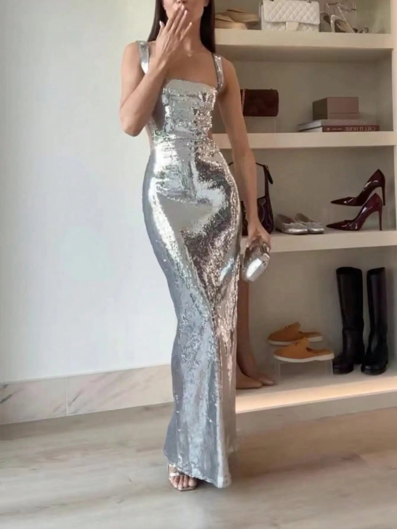 Silver Sequin Square Neck Sleeveless Fishtail Backless Evening Dress for Prom Wedding Guest