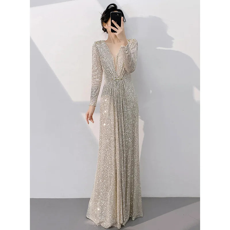 Sparkling sequin luxurious evening gown host, high temperament socialite evening vocal performance dress, long ball party dress