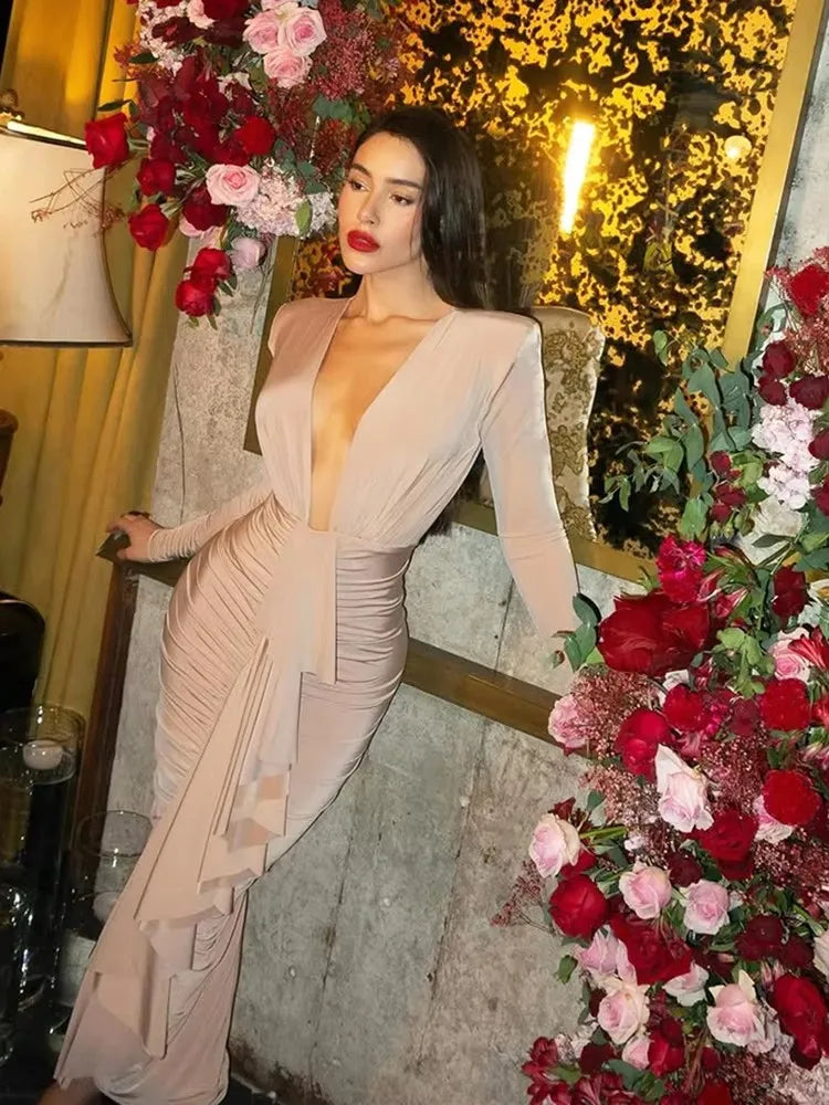 Weird Puss Ruched Ruffles Maxi Dress Deep V-Neck Full Sleeve Elegant Sexy Stretch Skinny Birthday Evening Cocktail Party Bodycon