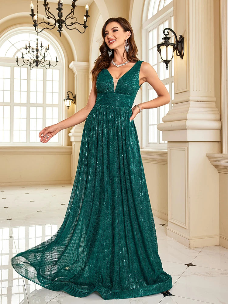 Women Luxury V-Neck Sleeveless Green Formal Evening Dress Sequin 2025 Wedding Party Prom Maxi Cocktail Dress Vestido